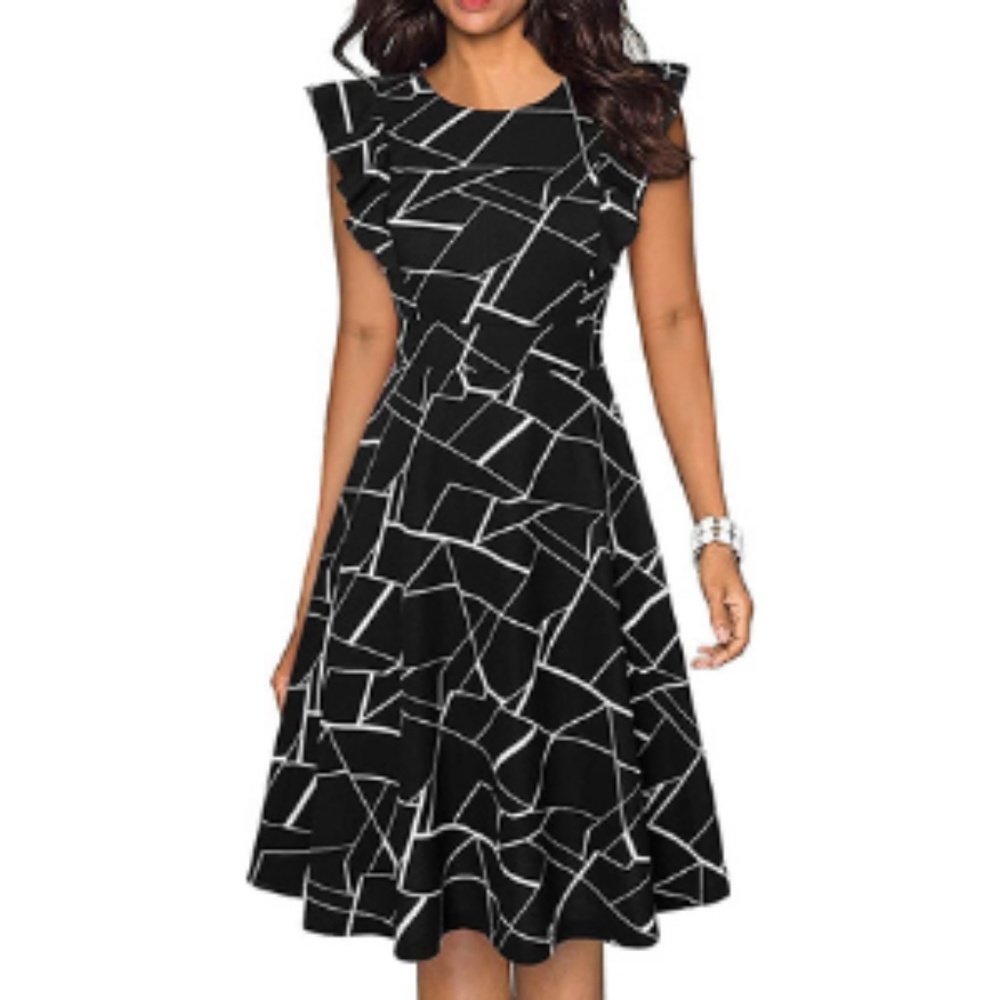 Women's Vintage Ruffle Floral Flared A Line Swing Casual Cocktail Party Dresses